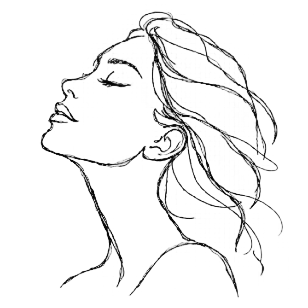 immagine png, senza sfondo, continuos line nero. Raffigura il volto di una donna di profilo. Stilizzato, stile disegno a mano. Gli occhi sono chiusi ma sono comunque rivolti verso l'alto.